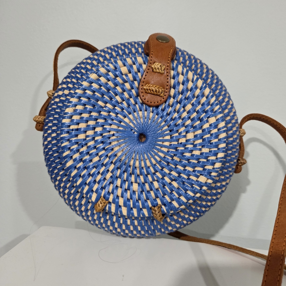 Blue and Tan Woven Round Bag